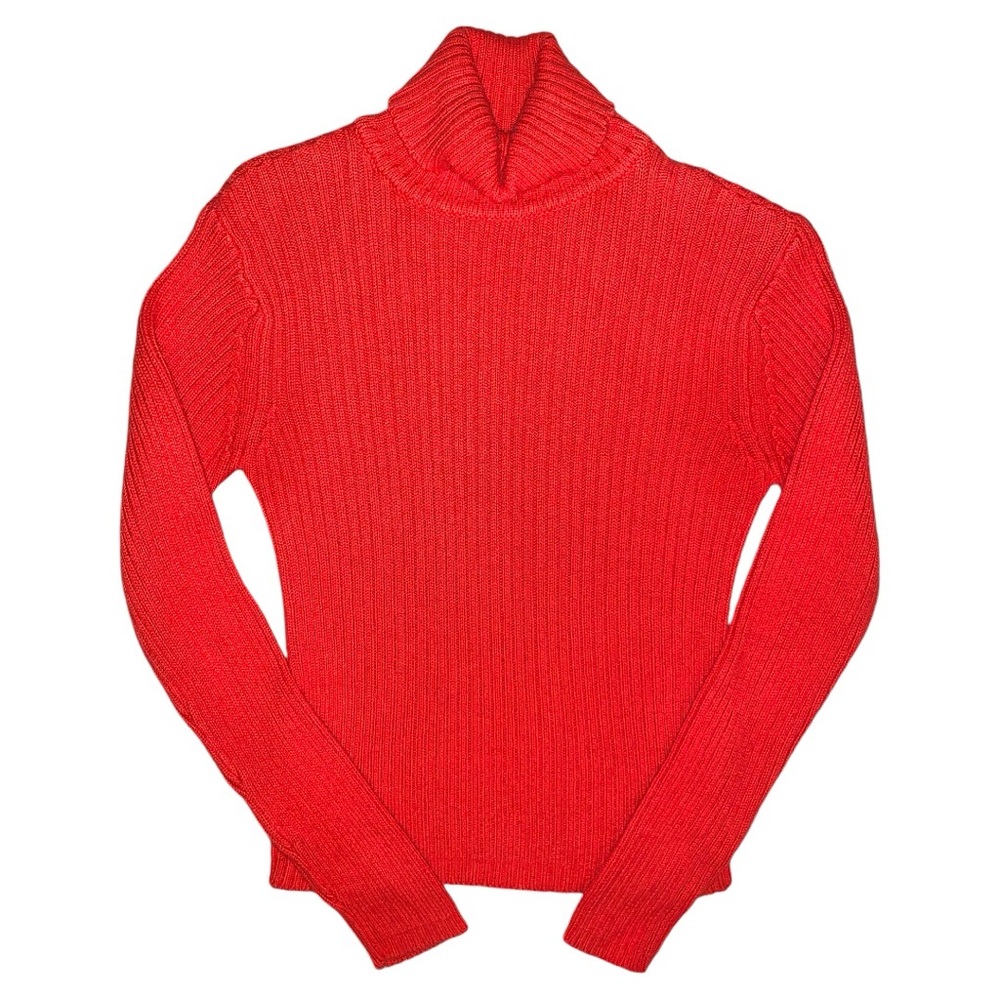 Cozy orange ribbed-knit roll turtleneck sweater from Army Navy. Size L
